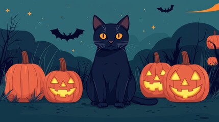 Black Cat and Jack o  Lanterns on Halloween Night