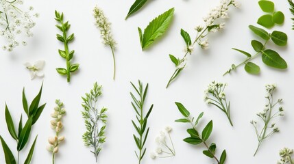 Obraz premium Assortment of Green Leaves and Delicate White Flowers on White Background