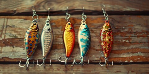 Four rotating fishing lures on wooden background