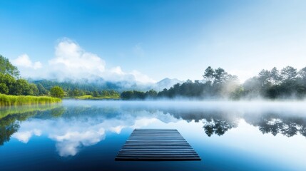 A photo of a lake with a misty morning light, capturing the stillness and tranquility of nature.
