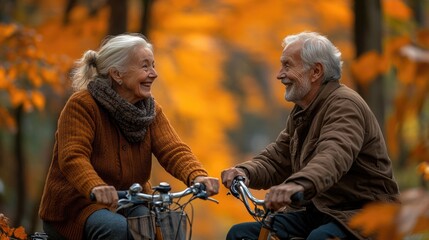 Happy senior couple enjoying a bike ride through colorful autumn forest