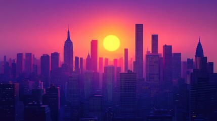 Fototapeta premium Retro New York cityscape at dusk, the sun setting between skyscrapers with dark purple and orange hues, evoking a classic 80s aesthetic