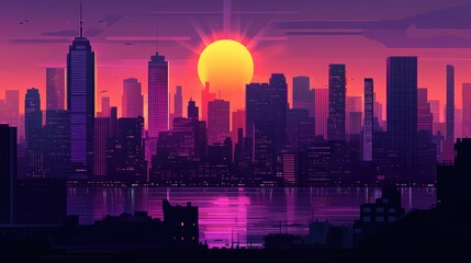Fototapeta premium Retro New York cityscape at dusk, the sun setting between skyscrapers with dark purple and orange hues, evoking a classic 80s aesthetic