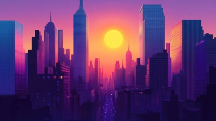Fototapeta premium Retro New York cityscape at dusk, the sun setting between skyscrapers with dark purple and orange hues, evoking a classic 80s aesthetic
