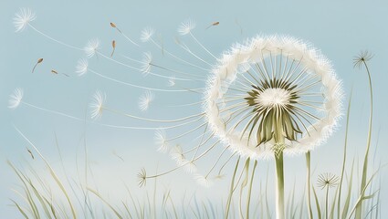 Minimalist watercolor of a large dandelion seed head with soft white seeds drifting in the wind, set against a light blue sky background for a peaceful feel.