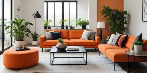 Fototapeta premium A modern living room with an orange sofa, black coffee table, and potted plant