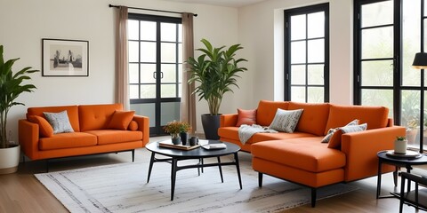 Fototapeta premium A modern living room with an orange sofa, black coffee table, and potted plant