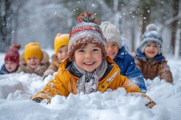 Group of children lying in the snow is having fun playing together