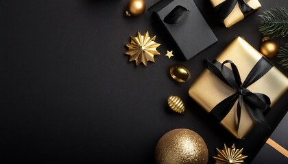  Luxurious Black and Gold Themed Black Friday Background with Gift Boxes and Holiday Decorations