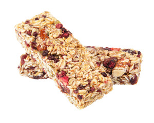 Granola bar cereal superfood energy nuts with berries isolated on white background
