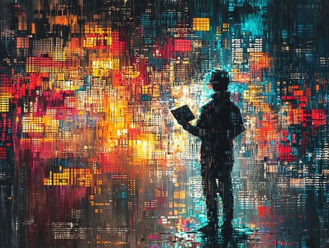 A modern artist painting on a digital canvas made of binary code, blending creativity with technology creativity, thinking, digital innovation