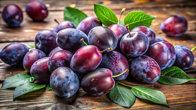Fresh damson plums glow with a deep purple hue on a rustic wooden table, framed by vibrant green