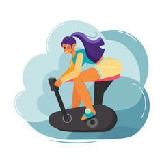 Sporty girl doing cardio workout on exercise bike. Purposeful young woman dressed in sportswear riding exercise bike, exercising. Flat vector illustration.