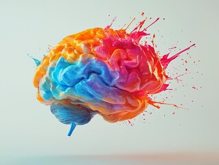 Colorful paint splashes forming the shape of a brain, symbolizing the collision of artistic creativity and cognitive thought creativity, thinking, abstract expressionism