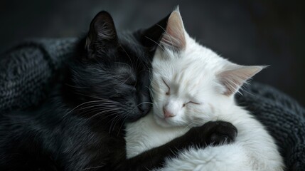 Heartwarming scene of a black cat and white cat cuddling together on a dark background