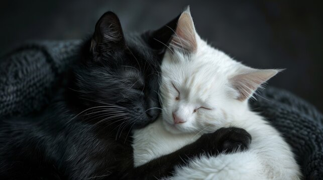 Heartwarming scene of a black cat and white cat cuddling together on a dark background