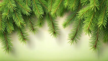 Hanging pine branches on light green background with copy space
