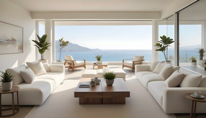 Fototapeta premium A modern, minimalist living room with large windows overlooking a scenic ocean view. The room features white sofas, a wooden coffee table, and potted plants.