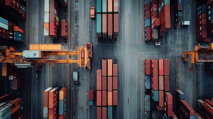 Obraz premium Aerial View of Shipping Containers and Cranes at a Port