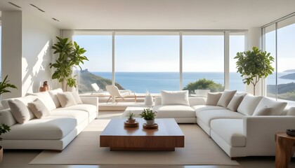 Fototapeta premium A modern, minimalist living room with large windows overlooking a scenic ocean view. The room features white sofas, a wooden coffee table, and potted plants.