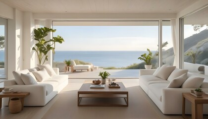 Naklejka premium A modern, minimalist living room with large windows overlooking a scenic ocean view. The room features white sofas, a wooden coffee table, and potted plants.