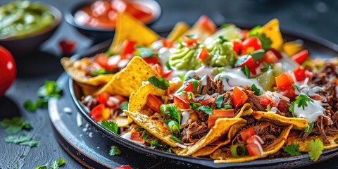 Homemade Mexican Shredded Beef Nachos with Guacamole and Sour Cream