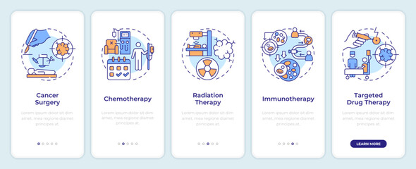 Cancer treatment onboarding mobile app screen. Walkthrough 5 steps editable graphic instructions with linear concepts. UI, UX, GUI template. Montserrat SemiBold, Regular fonts used