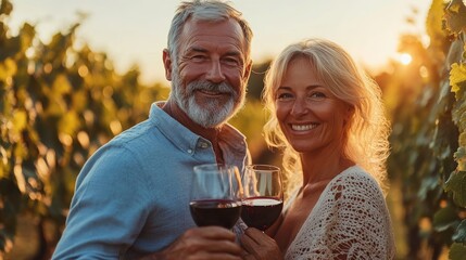Senior couple drinking wine and enjoying sunset in vineyard at golden hour