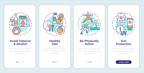 Cancer prevention onboarding mobile app screen. Walkthrough 5 steps editable graphic instructions with linear concepts. UI, UX, GUI template. Montserrat SemiBold, Regular fonts used