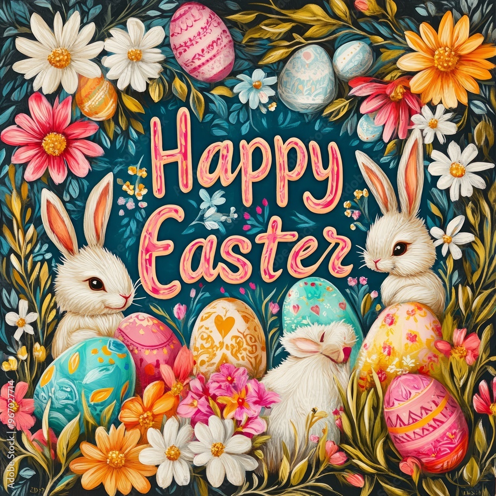 Poster A festive Easter scene with rabbits, colorful eggs, and flowers celebrating the holiday.