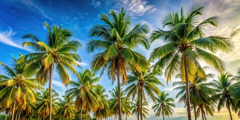 Obraz premium Tropical palm tree background with coconut trees, summer scenery