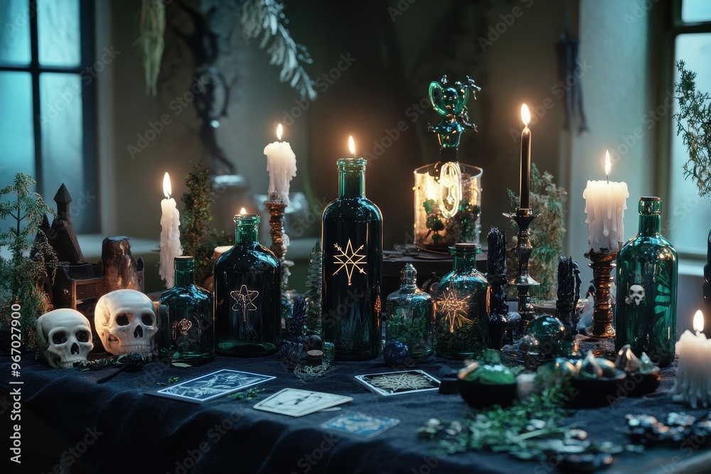 Wall mural A table is decorated with candles, skulls, and other Halloween items