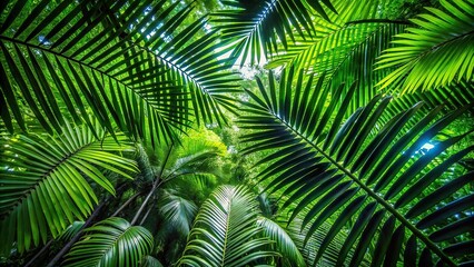 Fototapeta premium Tropical palm tree with dark green leaves from a low angle