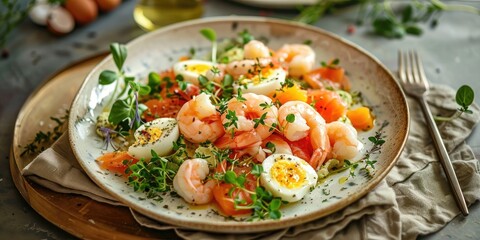 Plate of Olivier salad with shrimp salmon and quail eggs