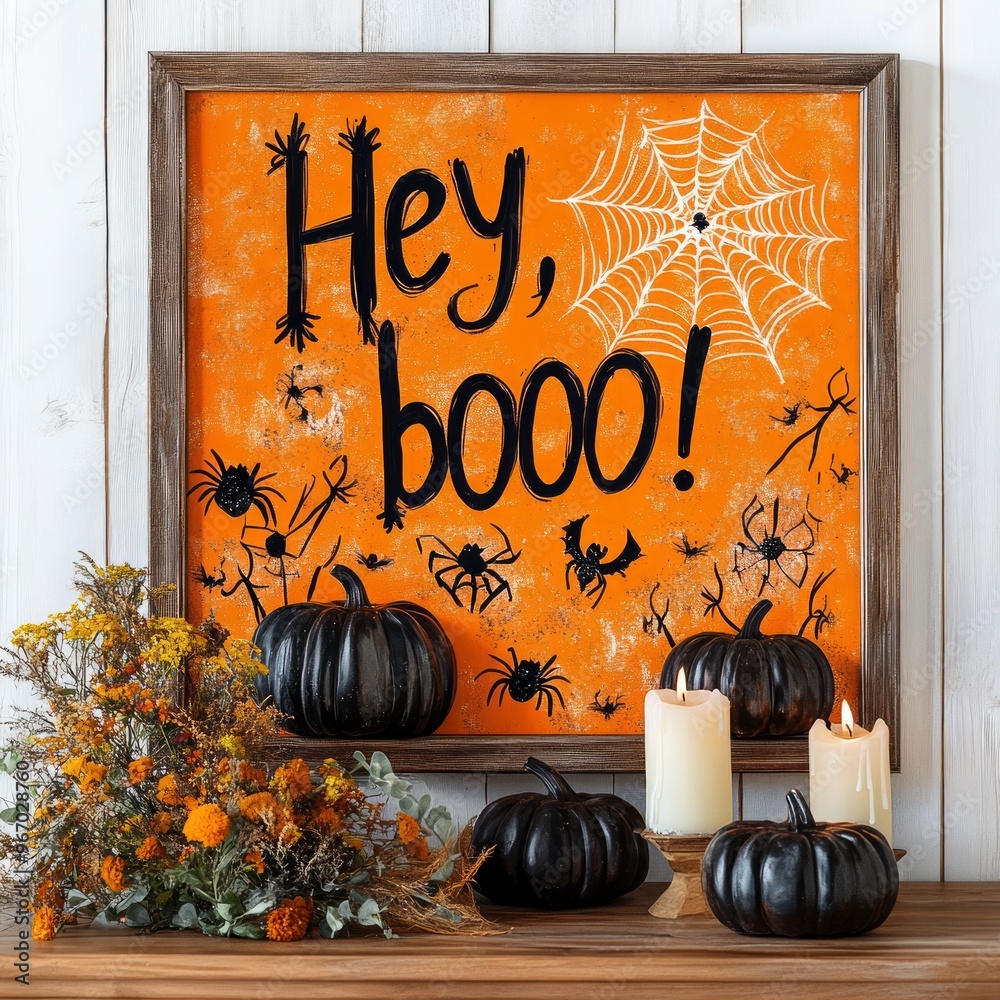 Canvas Prints A festive Halloween display featuring a decorative sign and pumpkins.