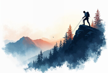 Silhouette of a rock climber on a mountain Against white plain background