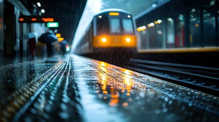 Train Departing Station Amid Rainstorm with Wet Umbrellas on Platform