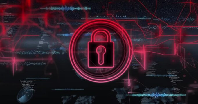 Animation of digital data processing and padlock icon ver dark background