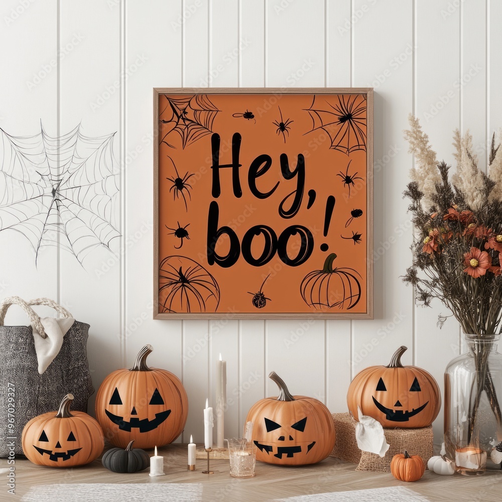 Canvas Prints A festive Halloween-themed display featuring pumpkins, spider webs, and a playful sign.