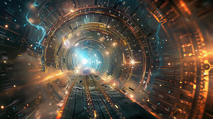 Fototapeta premium Futuristic Time Travel Tunnel with Glowing Lights and Technological Elements
