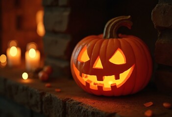 Obraz premium A cheerful smiling Jack O Lantern on halloween placed on a fireplace with fairy lights