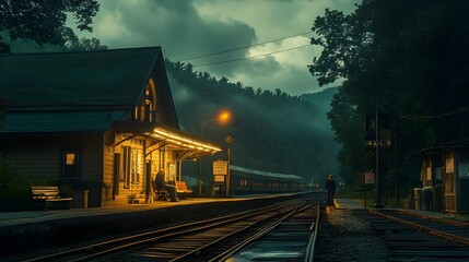 Fototapeta premium Tranquil Evening at a Small Town Train Station with a Lone Traveler