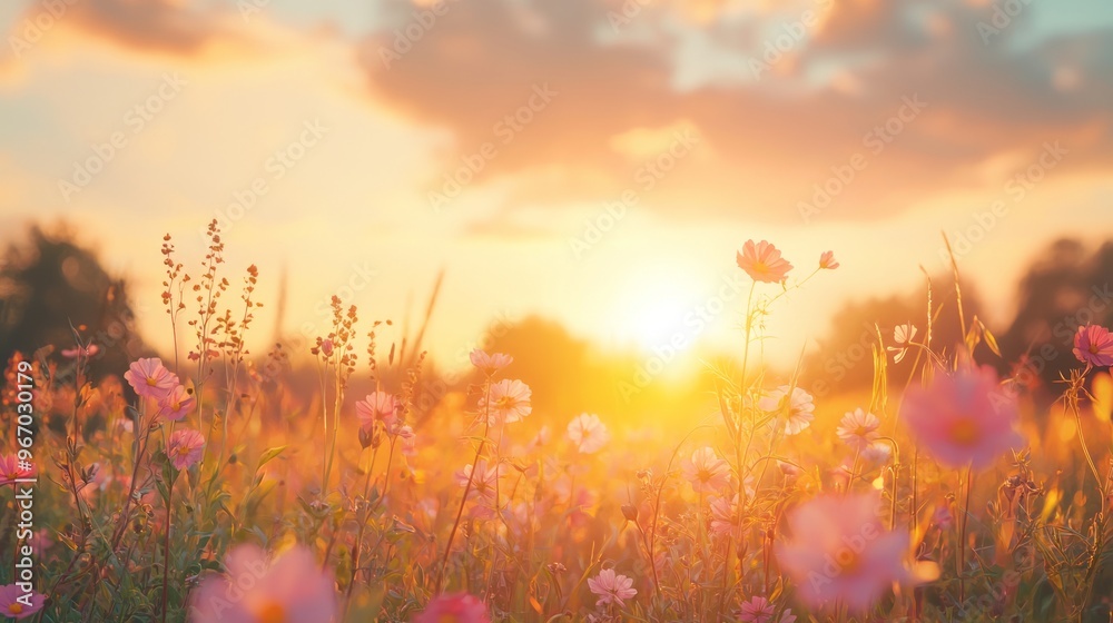 Wall mural A field of wildflowers bathed in the warm glow of a setting sun.