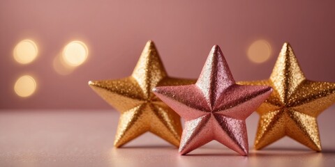 Three golden glitter stars on a pink background.