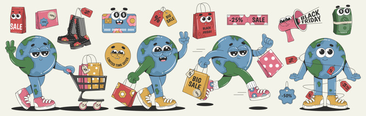 Black Friday sale stickers. Funny retro elements for a store sale, promotion or social media posts. Groovy Earth character making purchases. Vector set isolated background