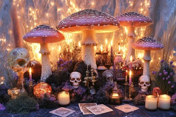 A table with a bunch of candles and skulls on it