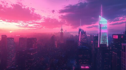 Obraz premium 80s retro art New York sunset, dark skyscrapers framing a soft pastel sky, with a glowing neon hue that reflects the era's iconic cityscape style