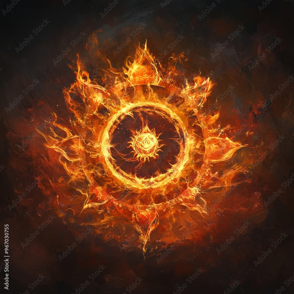 Poster A fiery circle with a sun-like shape in the center surrounded by flames.