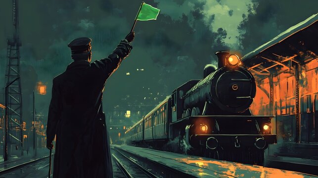 Station Attendant Waving Flag to Signal Train Departure - Powered by Adobe
