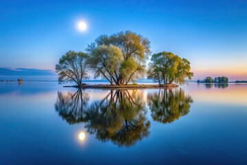 Twilight scene of island with willow trees reflected in moonlit lake
